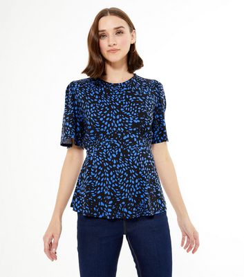 Image of Blue Spot Flutter Sleeve Peplum Top New Look