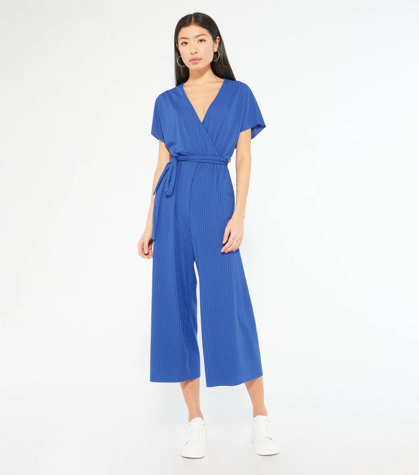 Blue Ribbed Belted Wrap Jumpsuit 