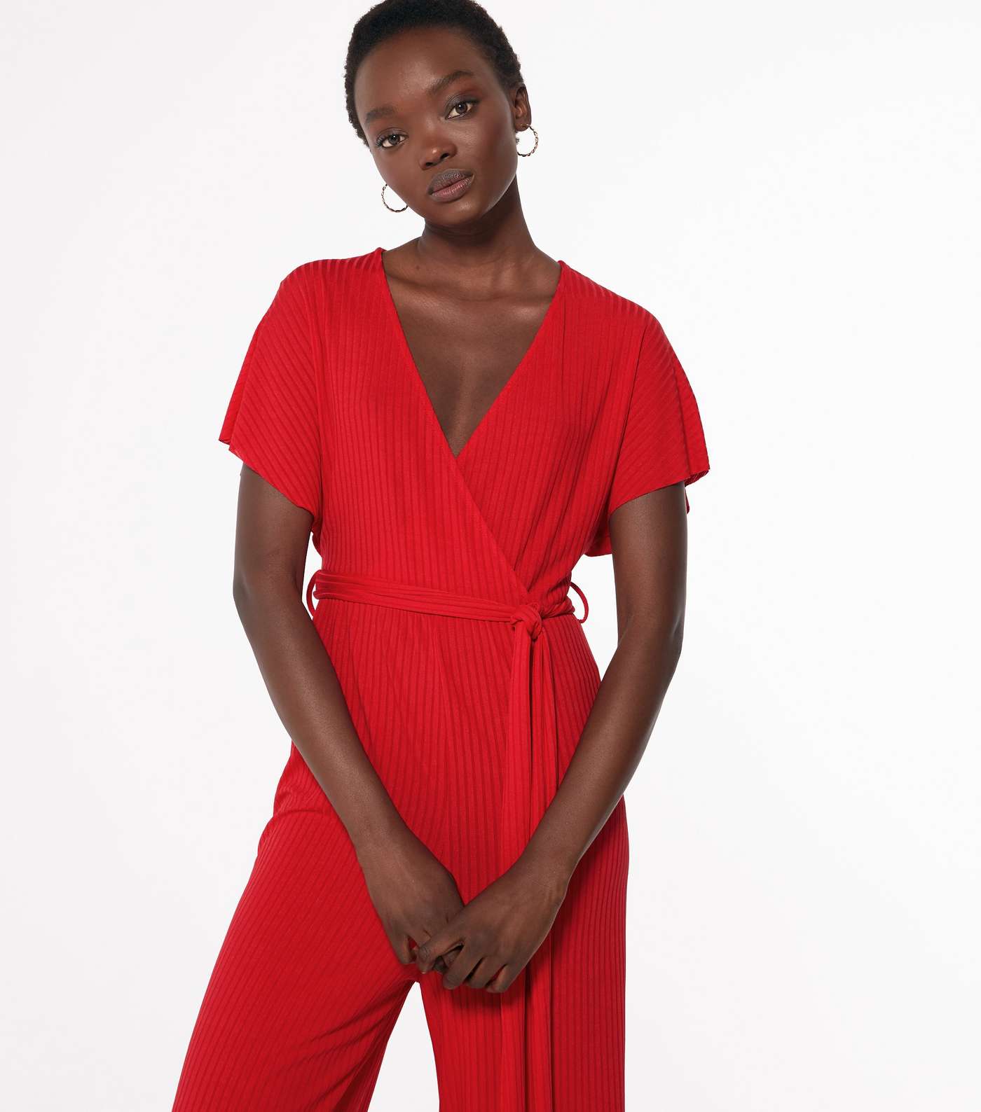 Red Ribbed Belted Wrap Jumpsuit  Image 2