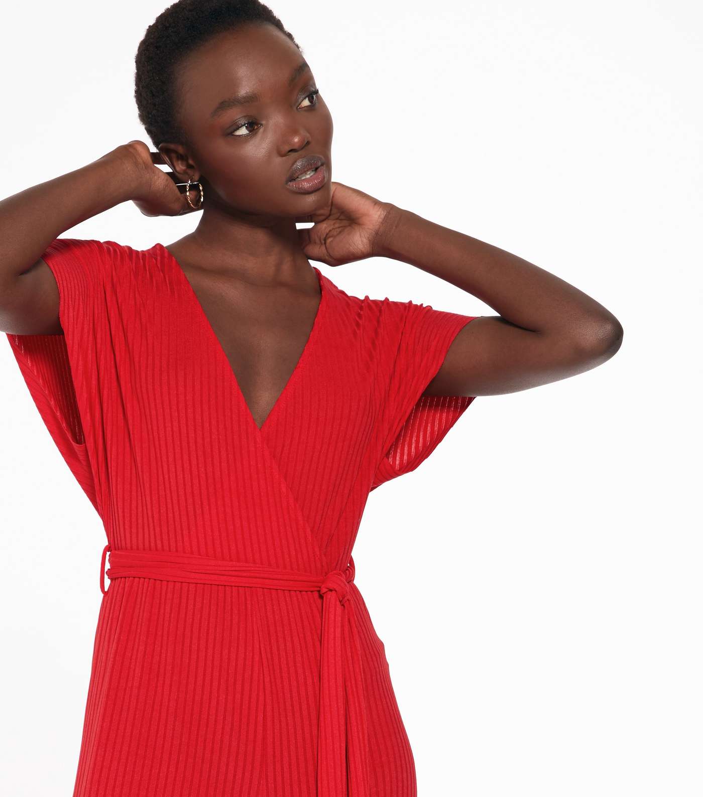 Red Ribbed Belted Wrap Jumpsuit  Image 4