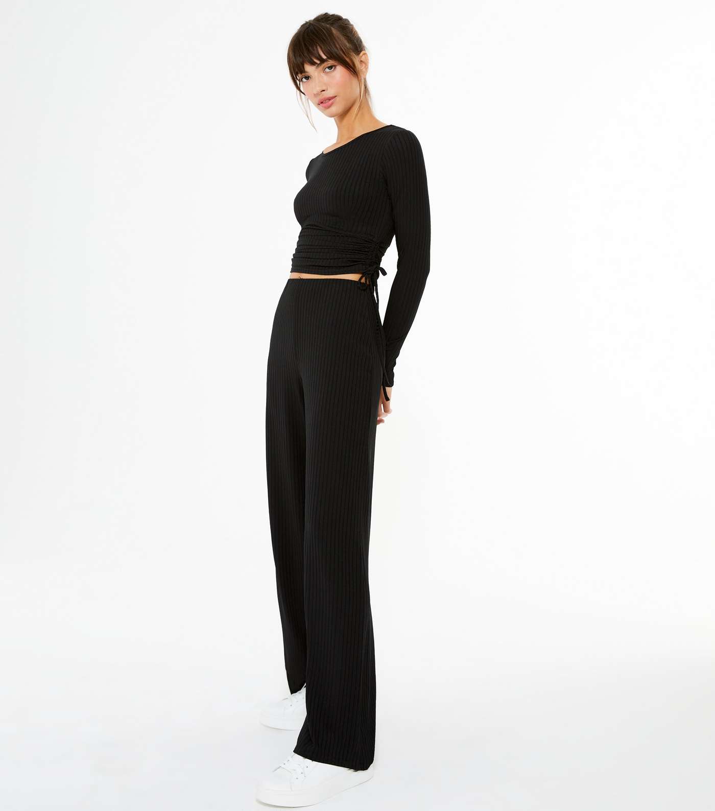 Black Ruched Tie Side Ribbed Top Image 2