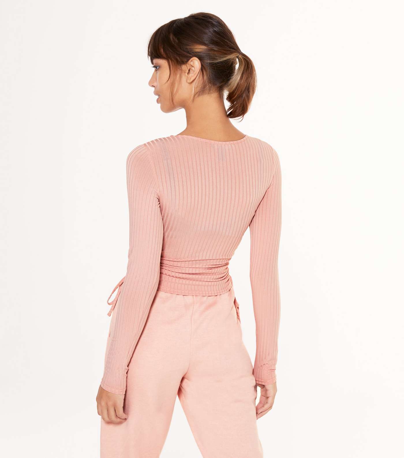 Pink Ruched Tie Side Ribbed Top Image 3