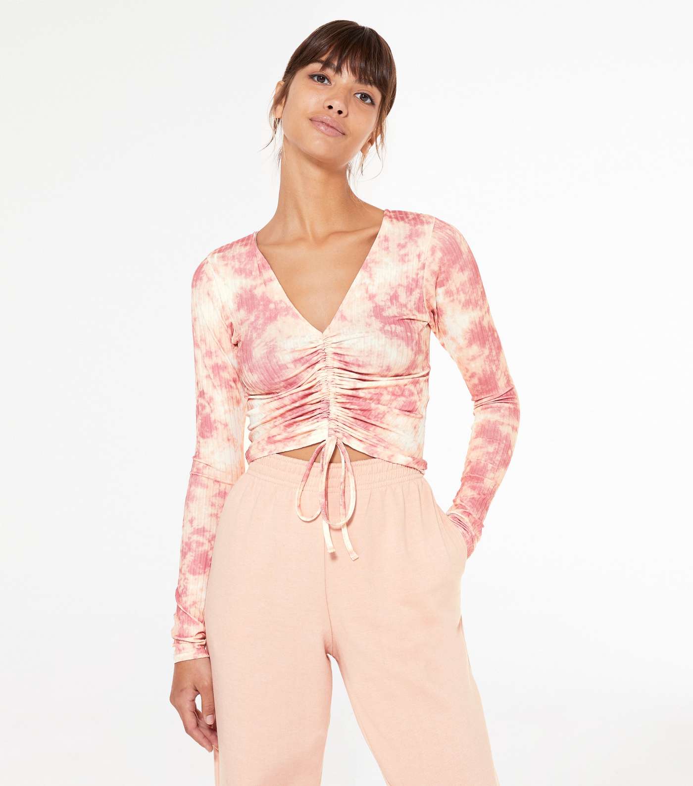 Pink Tie Dye Ribbed Ruched Front Top 