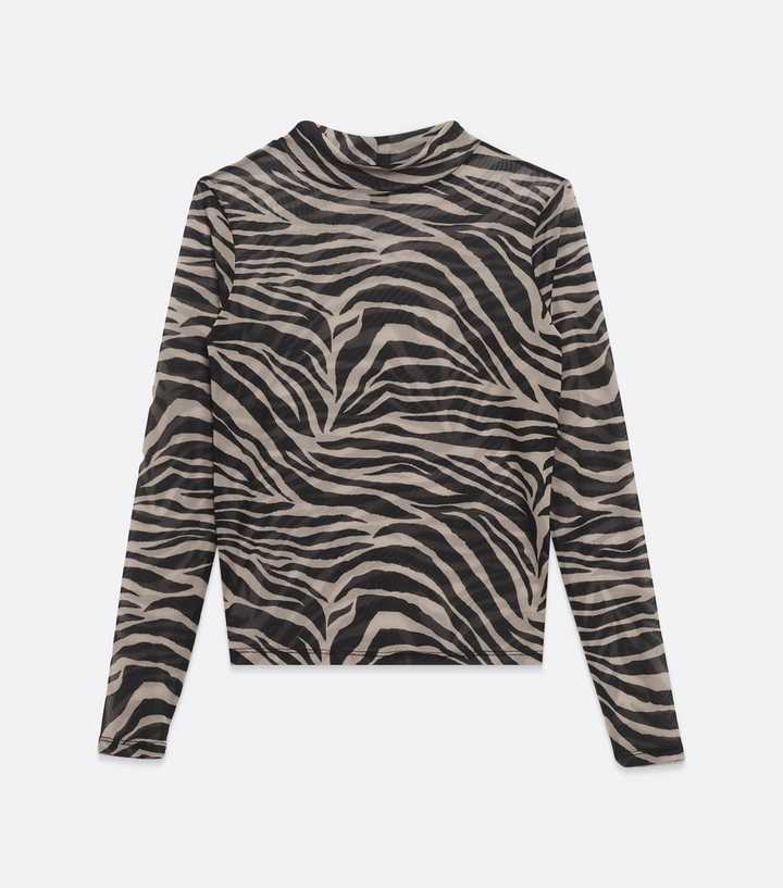 Brown Zebra Print Mesh High Neck Top