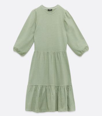 Image of Olive Acid Wash Jersey Tiered Smock Dress New Look
