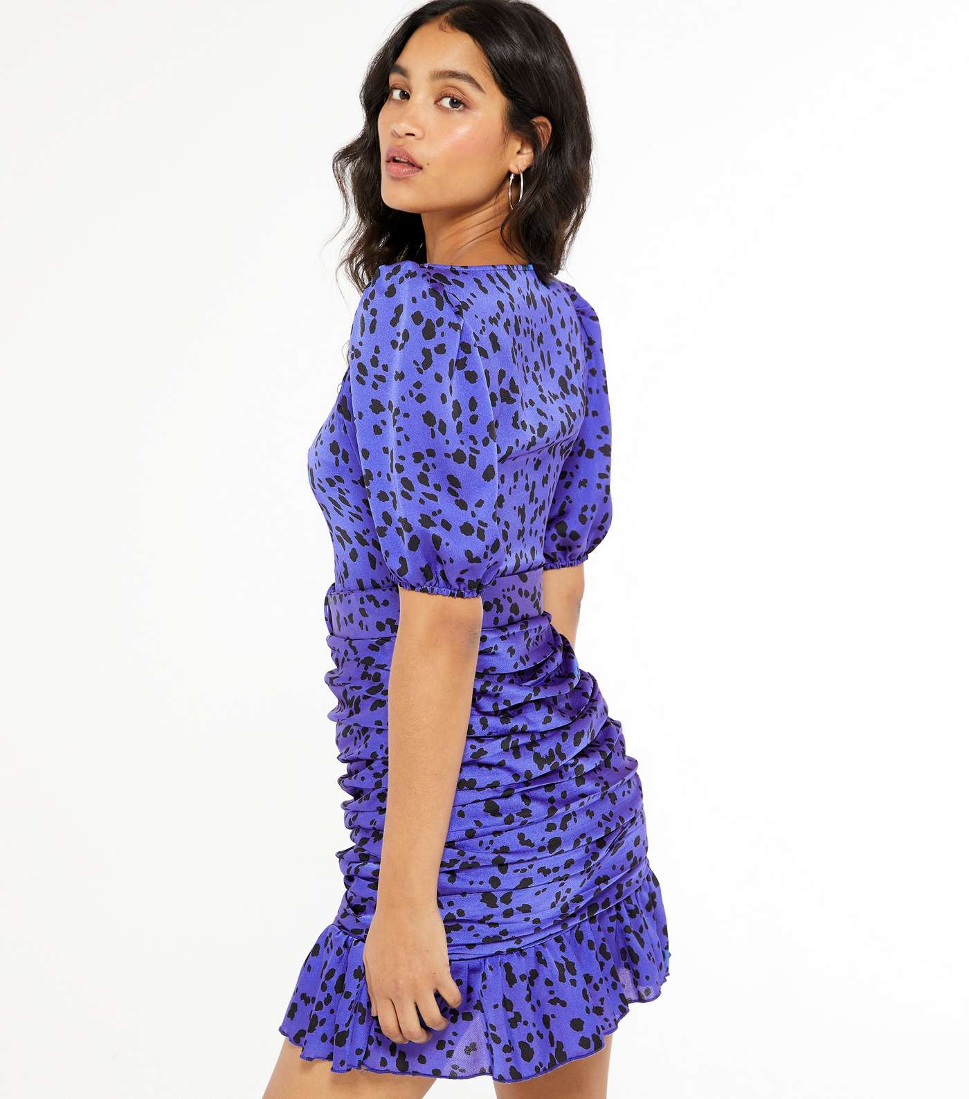 Blue Satin Animal Print Ruched Mini Dress Image 3