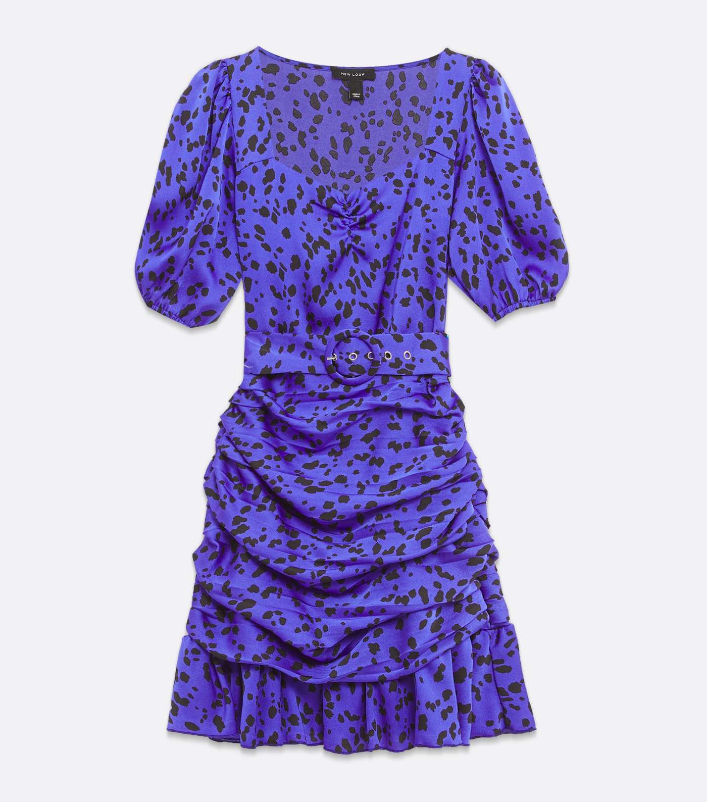 Blue Satin Animal Print Ruched Mini Dress Image 5