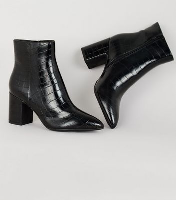 Black Faux Croc Heeled Ankle Boots 