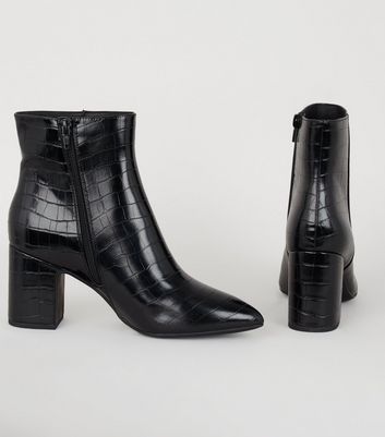 Black Faux Croc Heeled Ankle Boots 