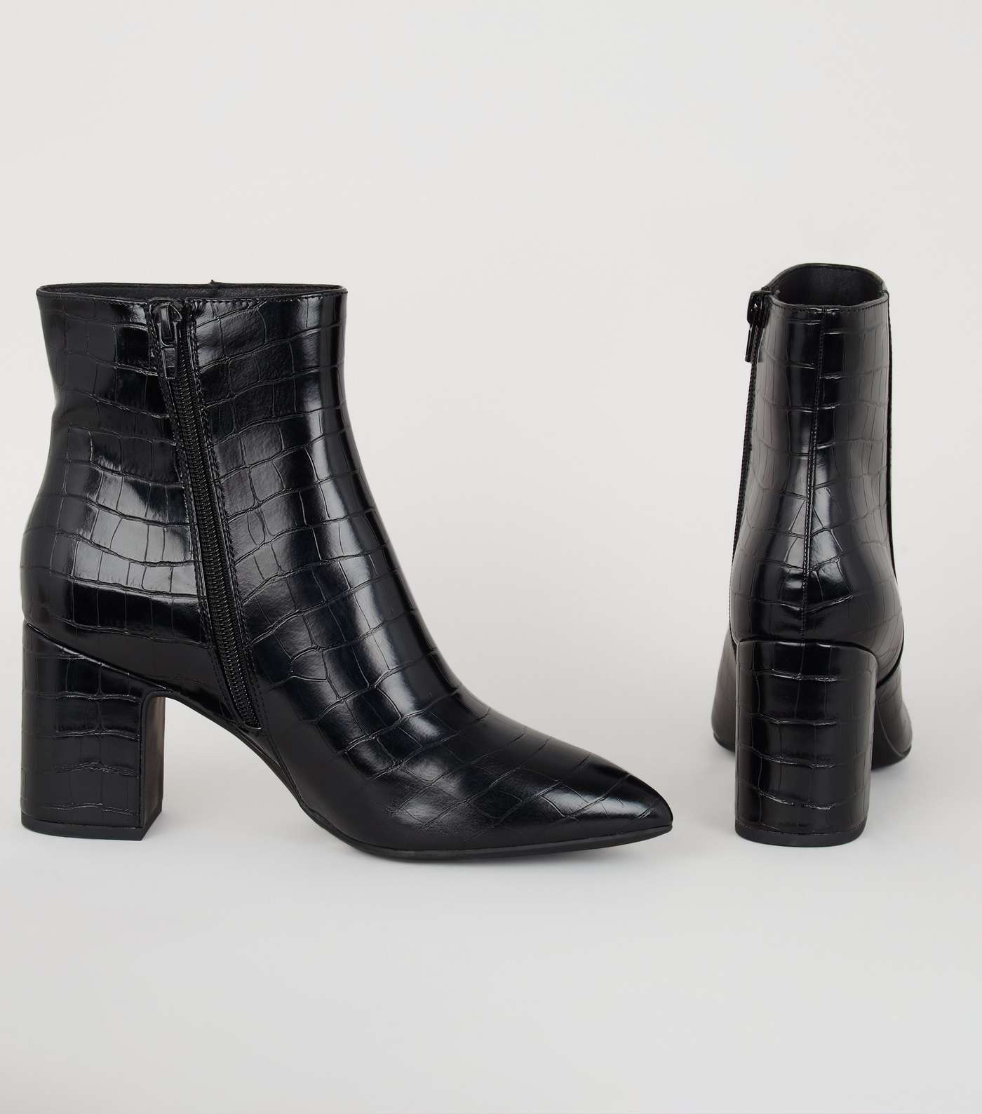 Black Faux Croc Heeled Ankle Boots Image 4