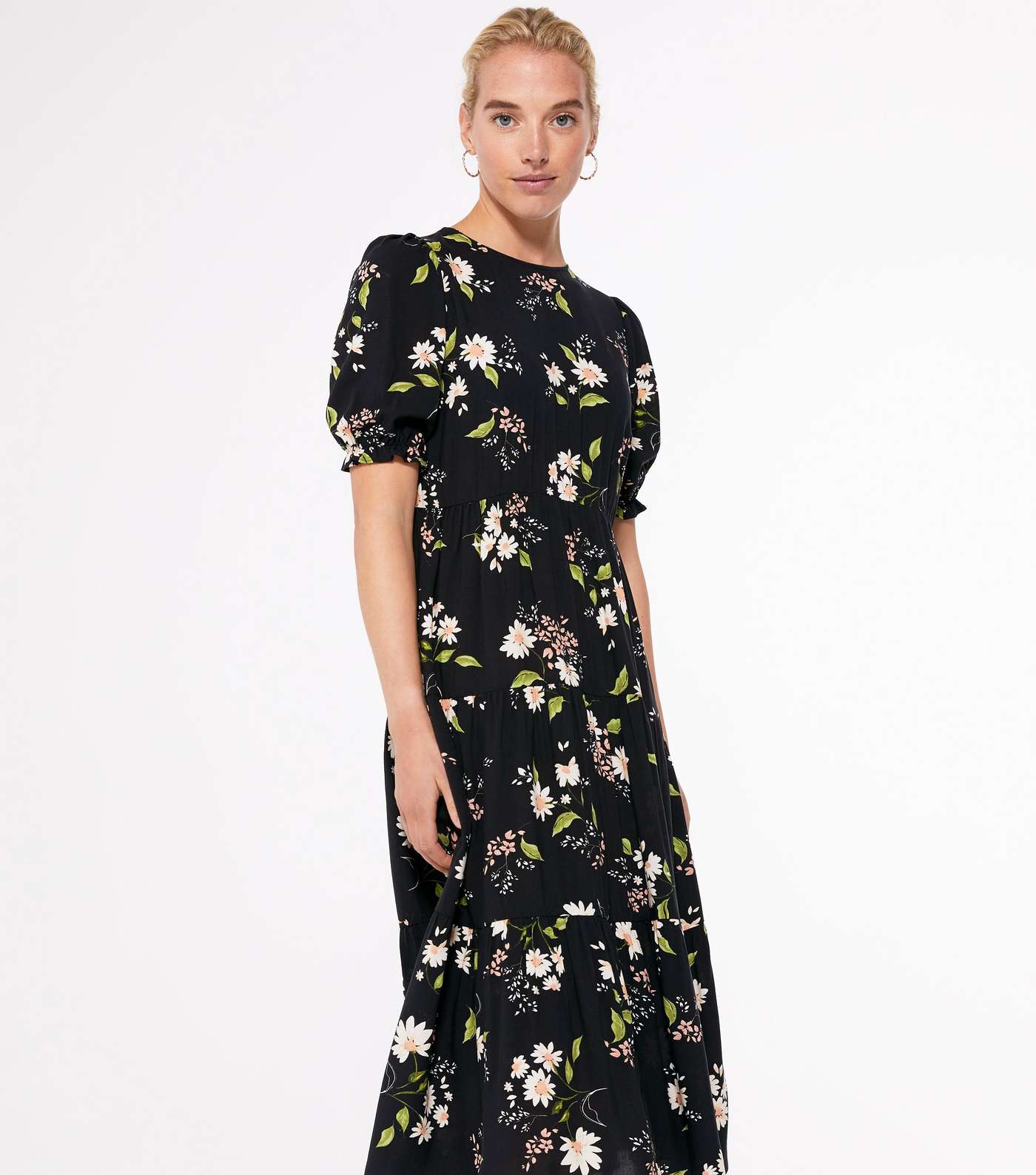 Black Floral Puff Sleeve Tiered Midi Dress Image 2