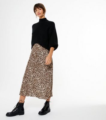 Brown Leopard Print Satin Midi Skirt 