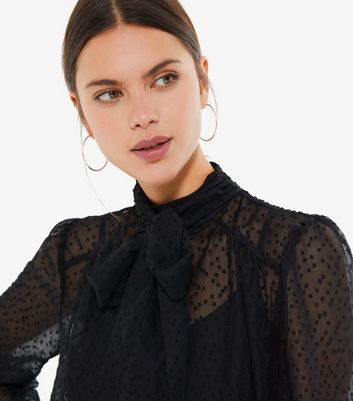 Black Chiffon Spot Tie Neck Blouse | New Look