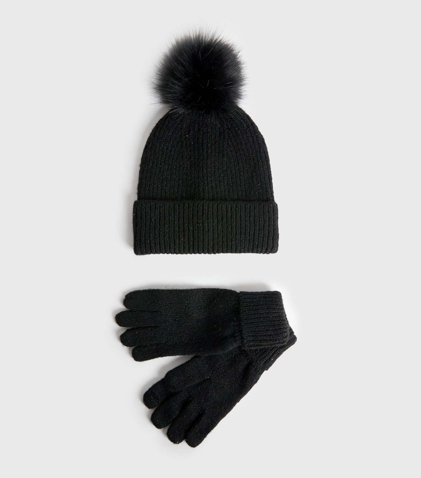 Black Metallic Faux Fur Bobble Hat and Gloves Set 