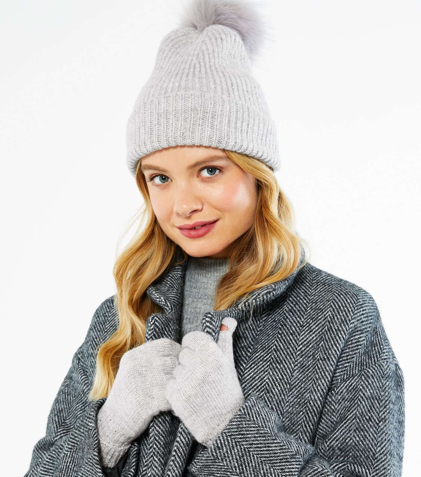 Grey Metallic Faux Fur Bobble Hat and Gloves Set Image 2