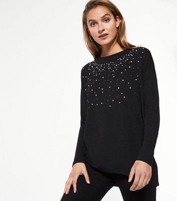 Image of Black Fine Knit Diamanté Embellished Tunic Jumper New Look
