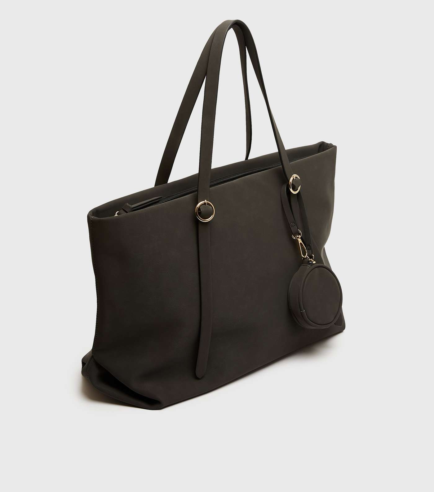 Dark Grey Leather-Look Rounded Pouch Tote Bag Image 4