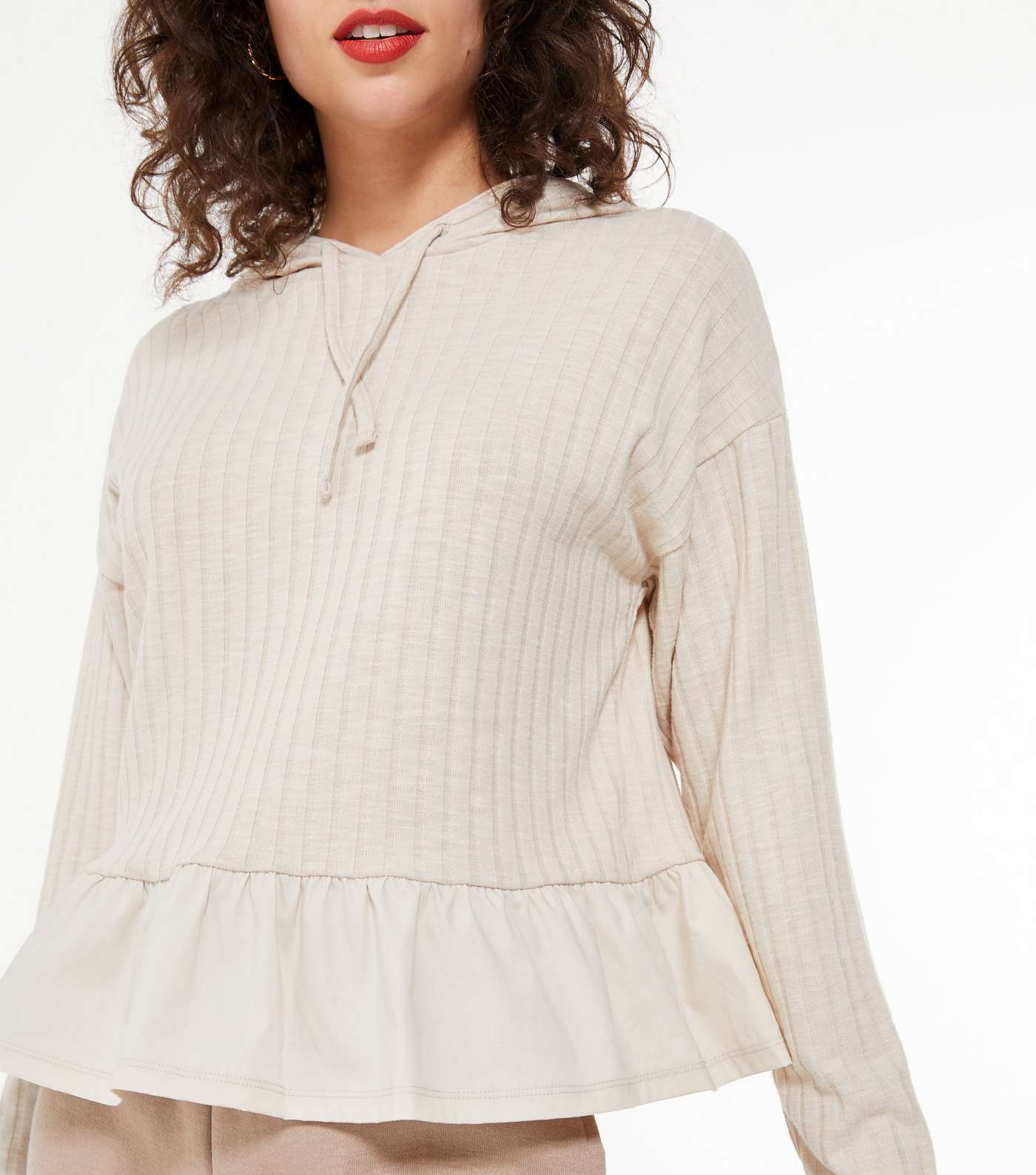 Cream Ribbed Knit Frill Trim Hoodie Image 4