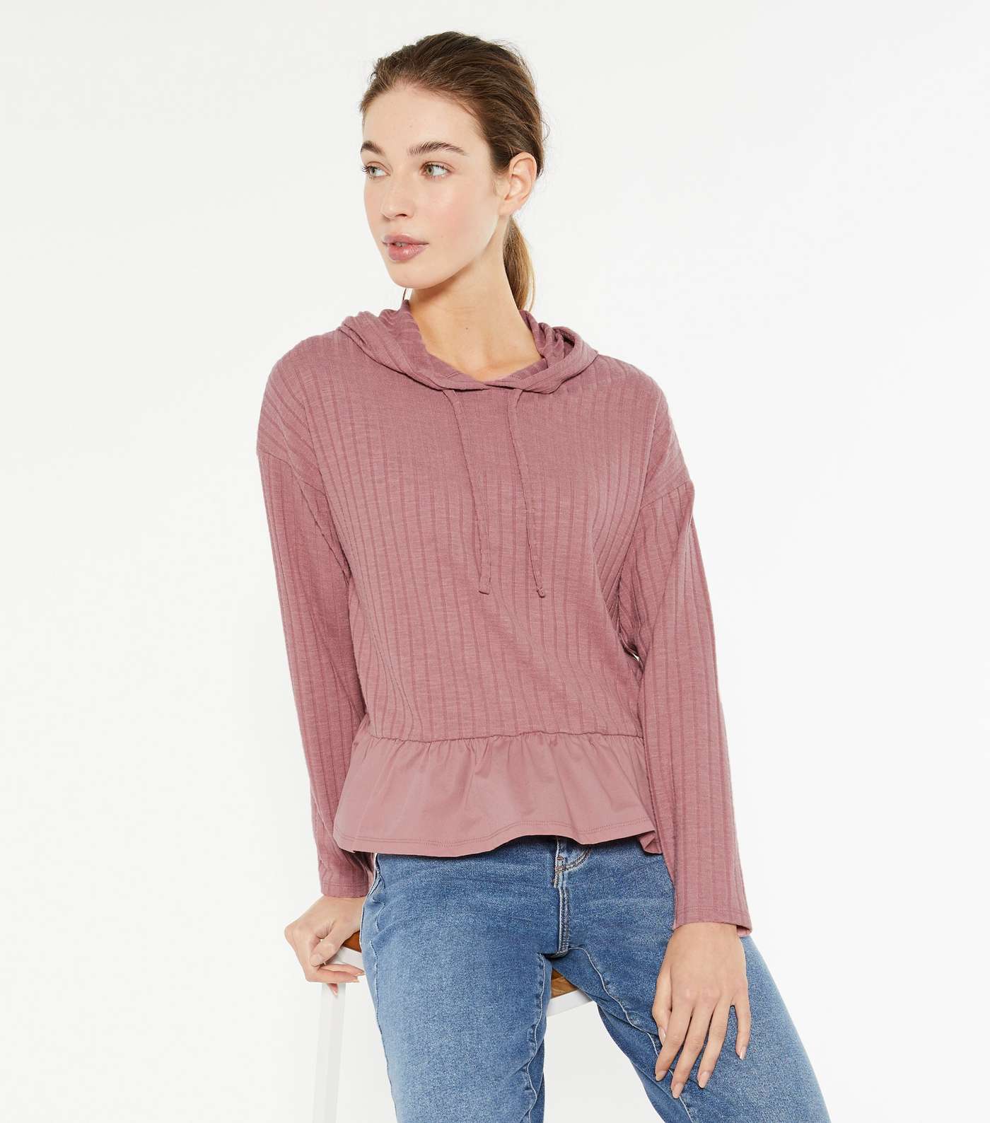 Mid Pink Ribbed Knit Frill Trim Hoodie