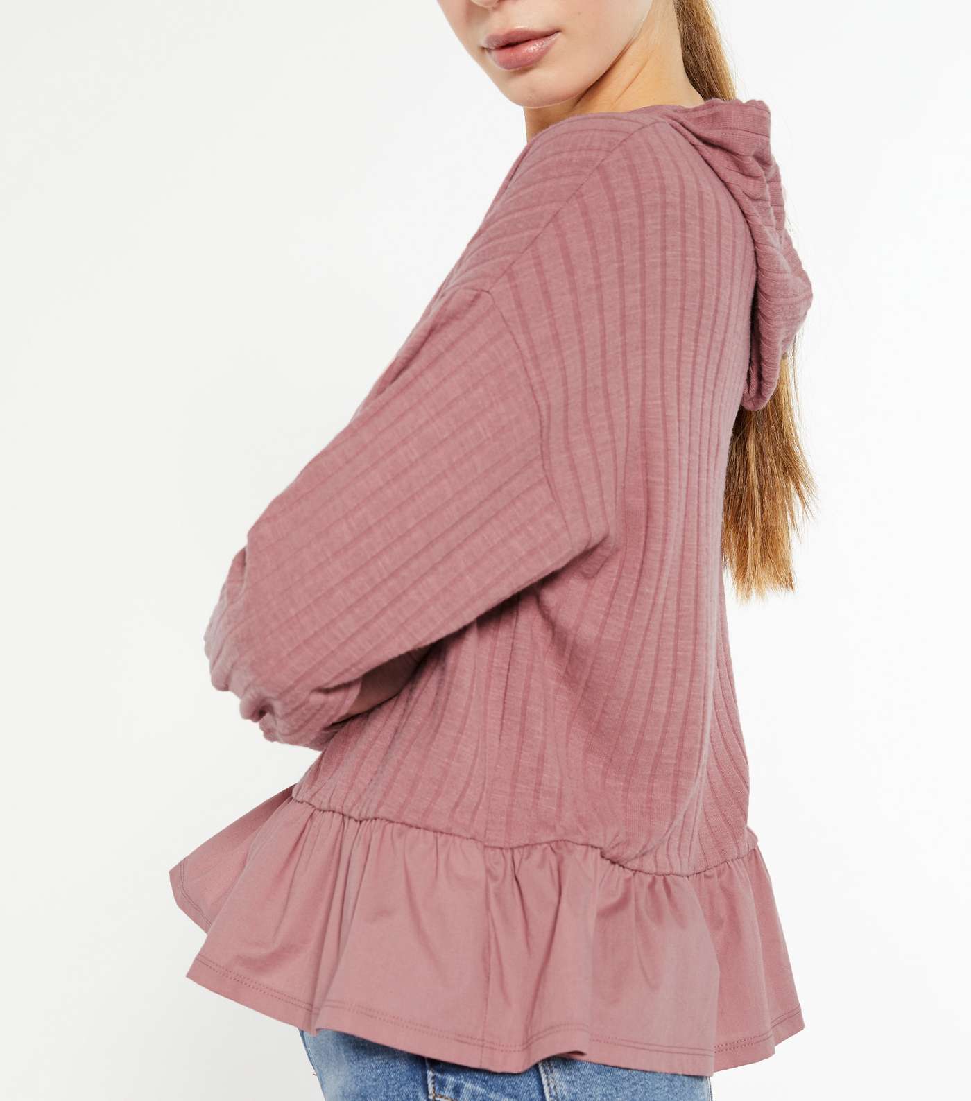 Mid Pink Ribbed Knit Frill Trim Hoodie Image 3