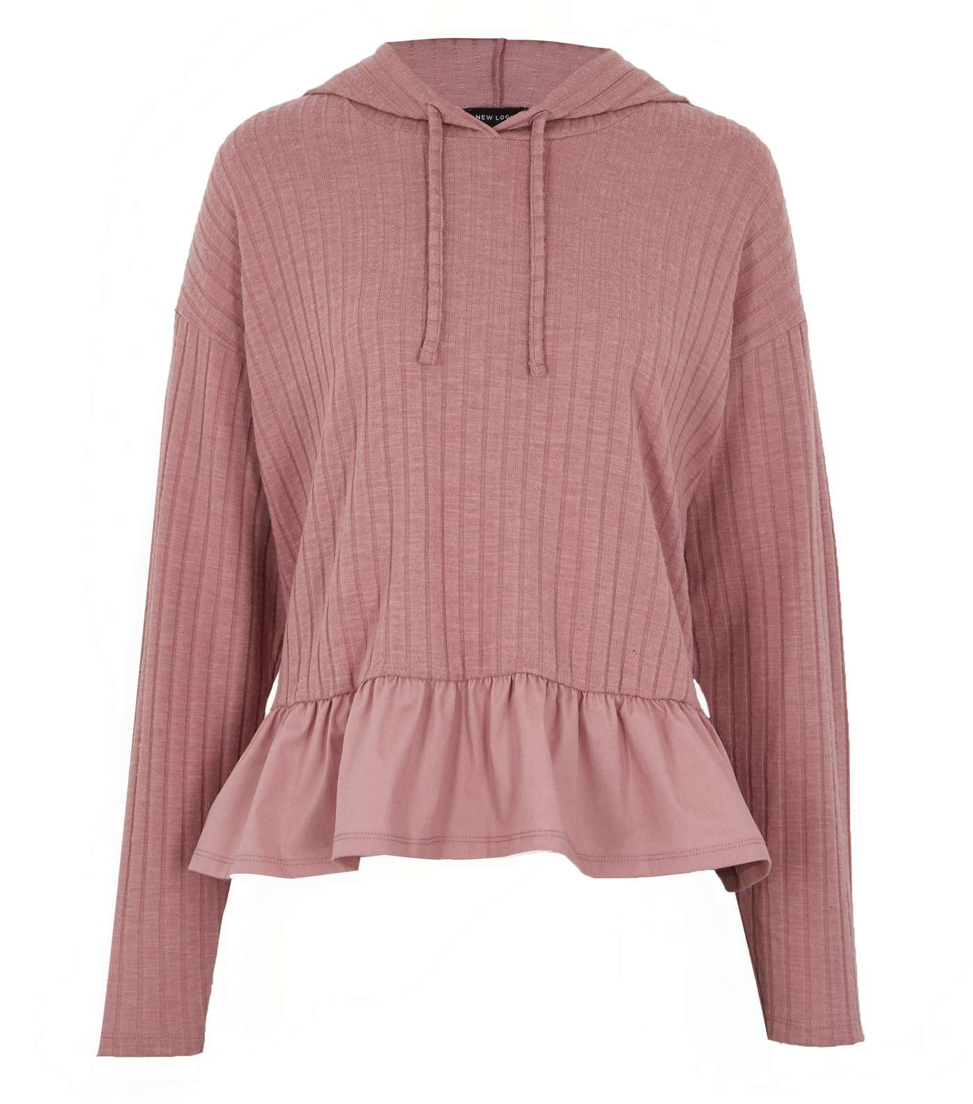 Mid Pink Ribbed Knit Frill Trim Hoodie Image 5