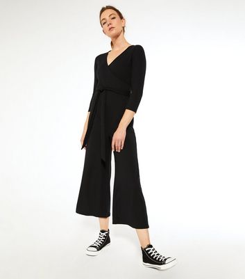 black wrap wide leg jumpsuit