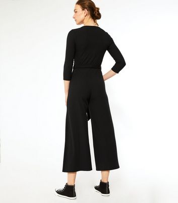 black wrap wide leg jumpsuit