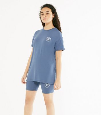 Girls Blue Bronx Logo Oversized T-Shirt and Cycling Shorts Set