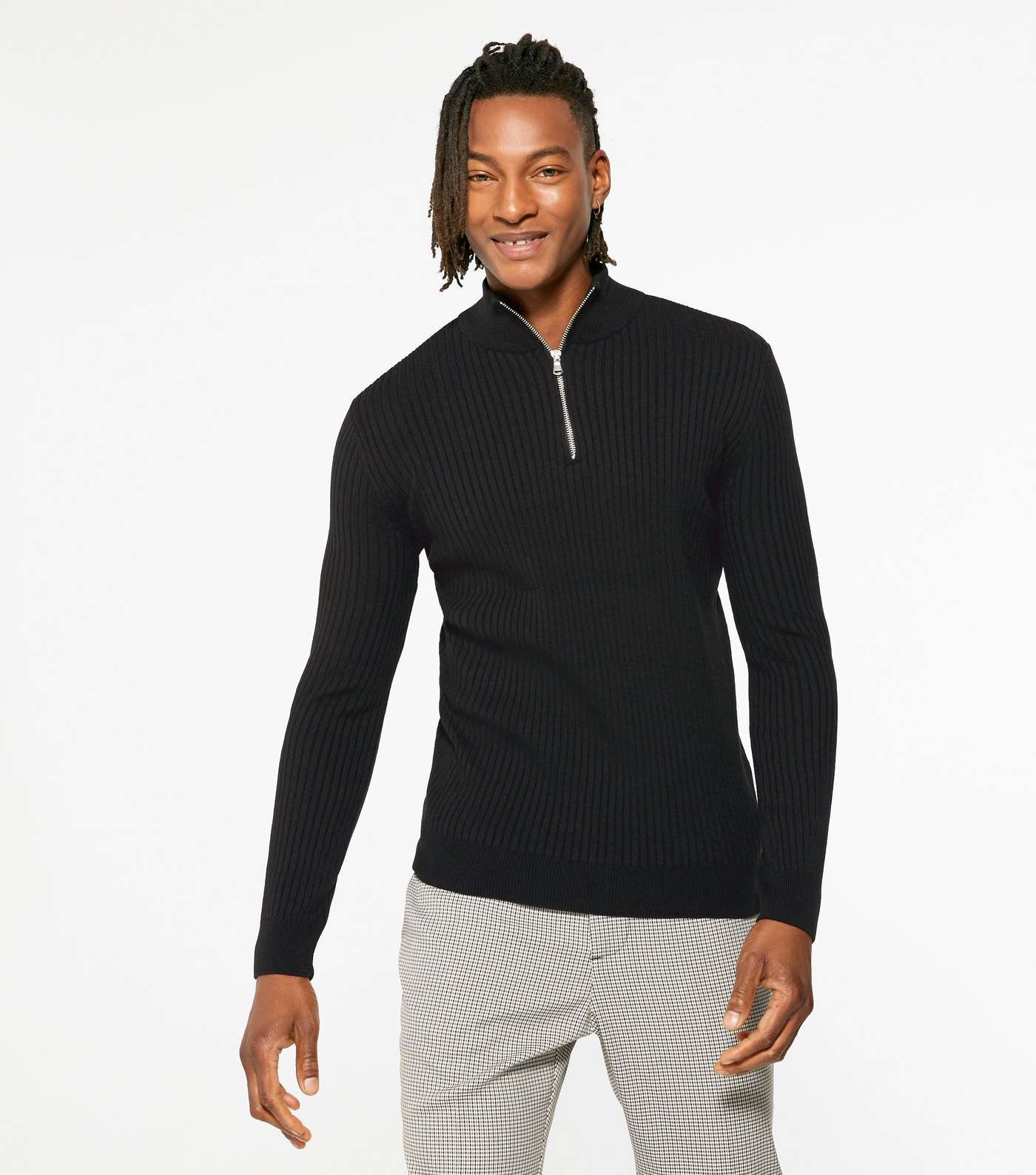 Black Ribbed Zip Neck Muscle Fit Jumper 