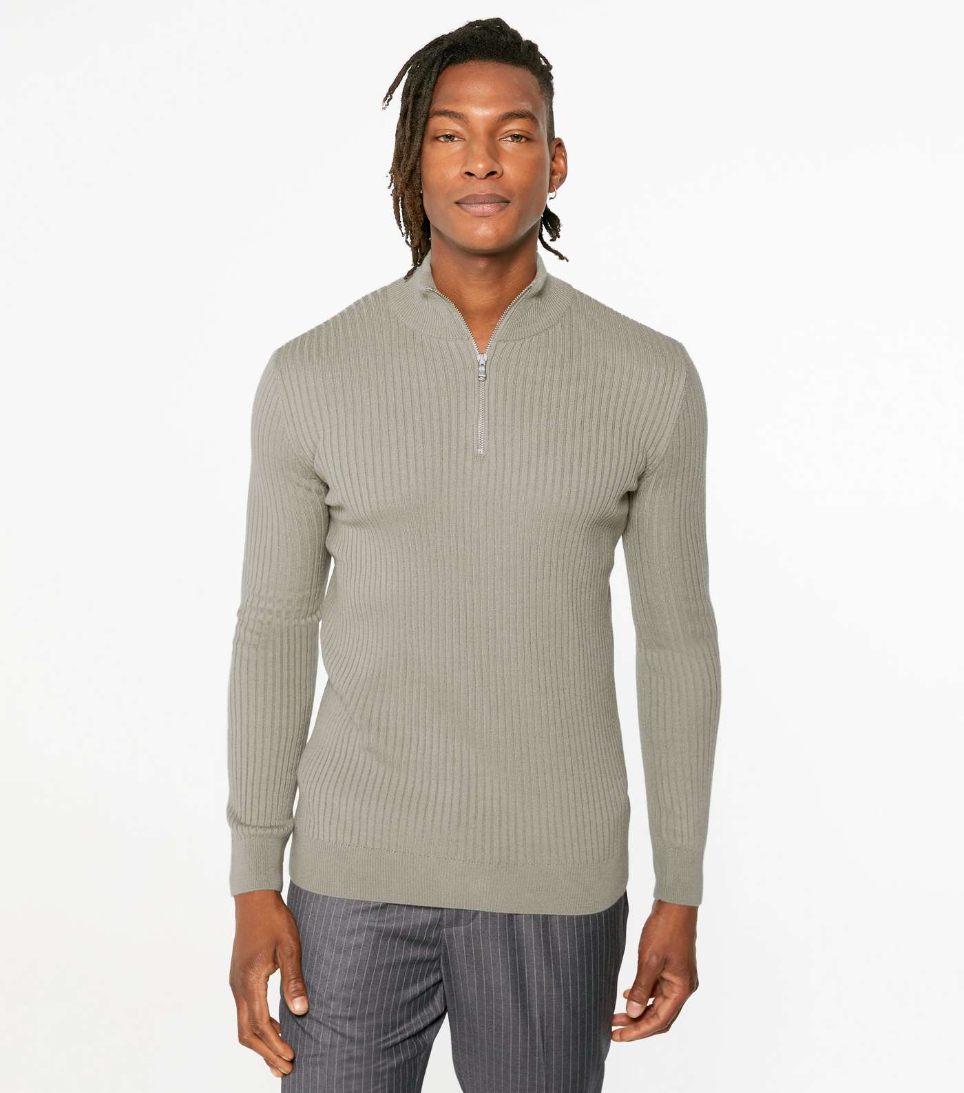 Pale Grey Ribbed Zip Neck Muscle Fit Jumper 