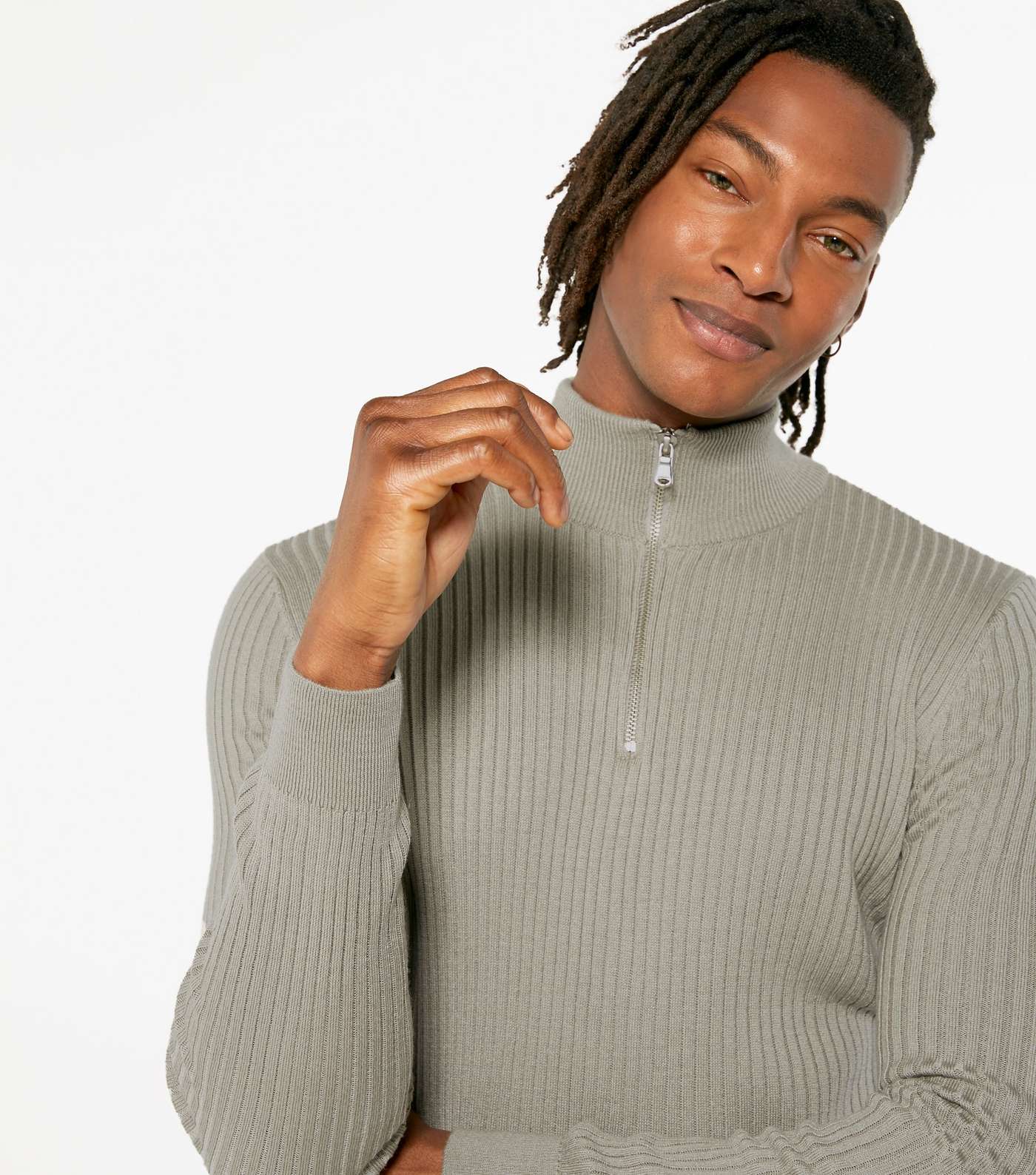 Pale Grey Ribbed Zip Neck Muscle Fit Jumper  Image 3