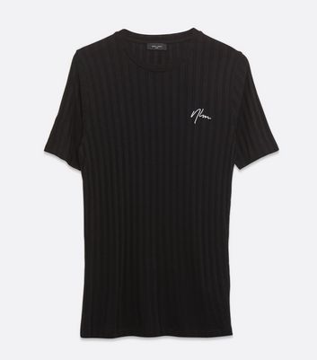 Image of Black Ribbed Embroidered T-Shirt New Look