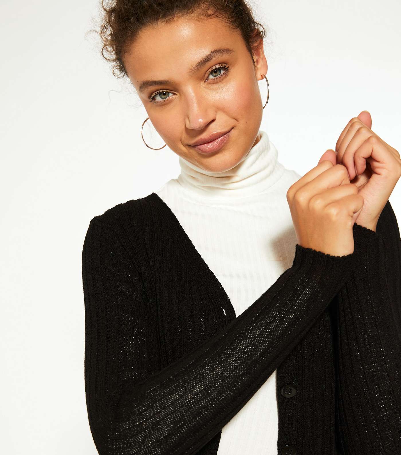 Tall Black Ribbed Knit Button Up Cardigan Image 3