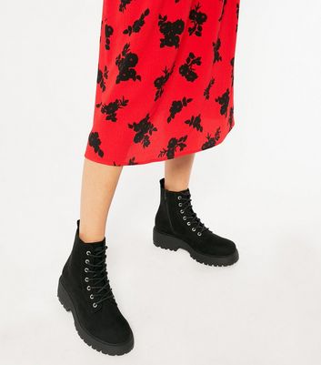 Black Suedette Chunky Lace Up Boots 