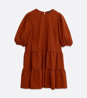 Image of Tall Rust Textured Puff Sleeve Smock Dress New Look