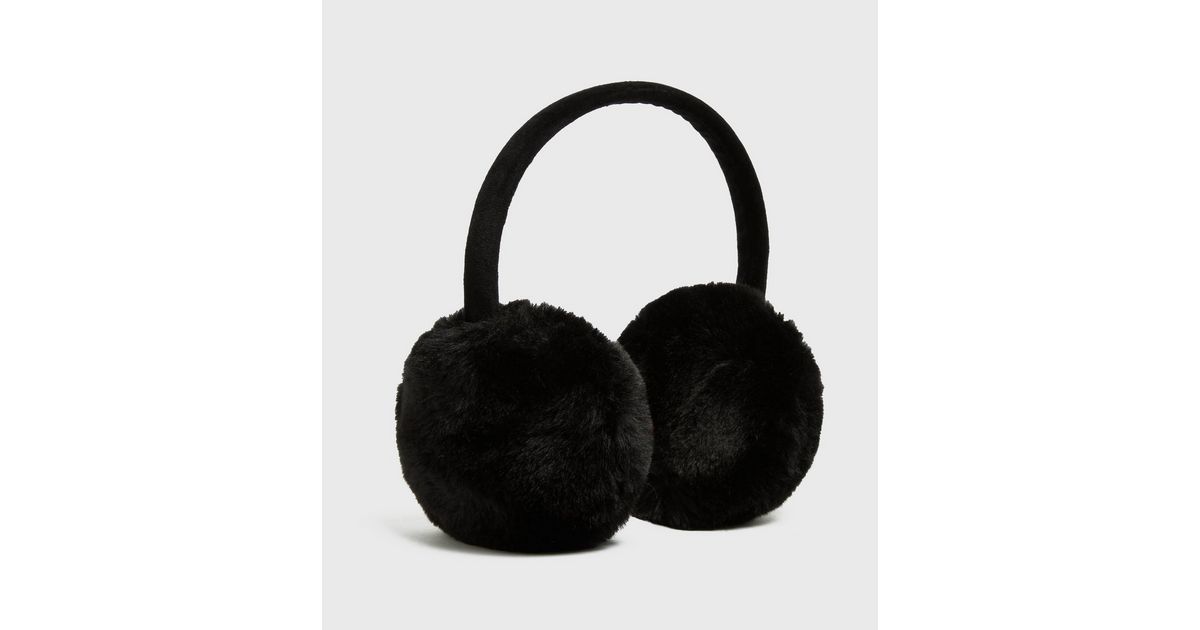 Black Plain Faux Fur Ear Muffs New Look