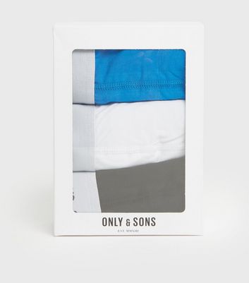 Image of Only & Sons 3 Pack White Grey and Blue Boxers New Look