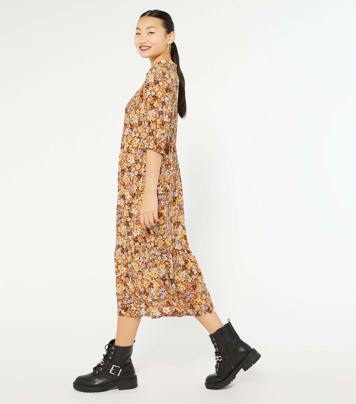 Petite Brown Floral High Neck Tiered Midi Dress Image 2