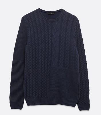 Image of Navy Patchwork Cable Knit Jumper New Look