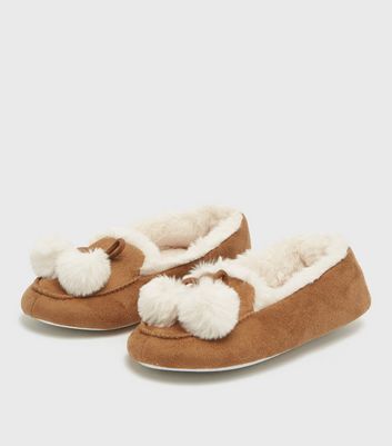 Tan Suedette Faux Fur Pom Pom Slippers New Look Vegan shop for Tan Suedette Faux Fur Pom Pom Slippers New Look Vegan at Shopo