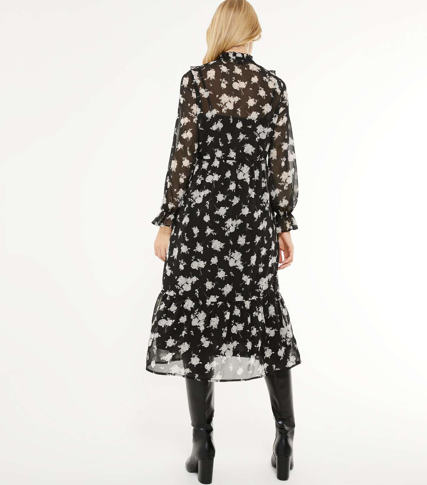 Black Floral Lace Chiffon Smock Midi Dress  Image 3