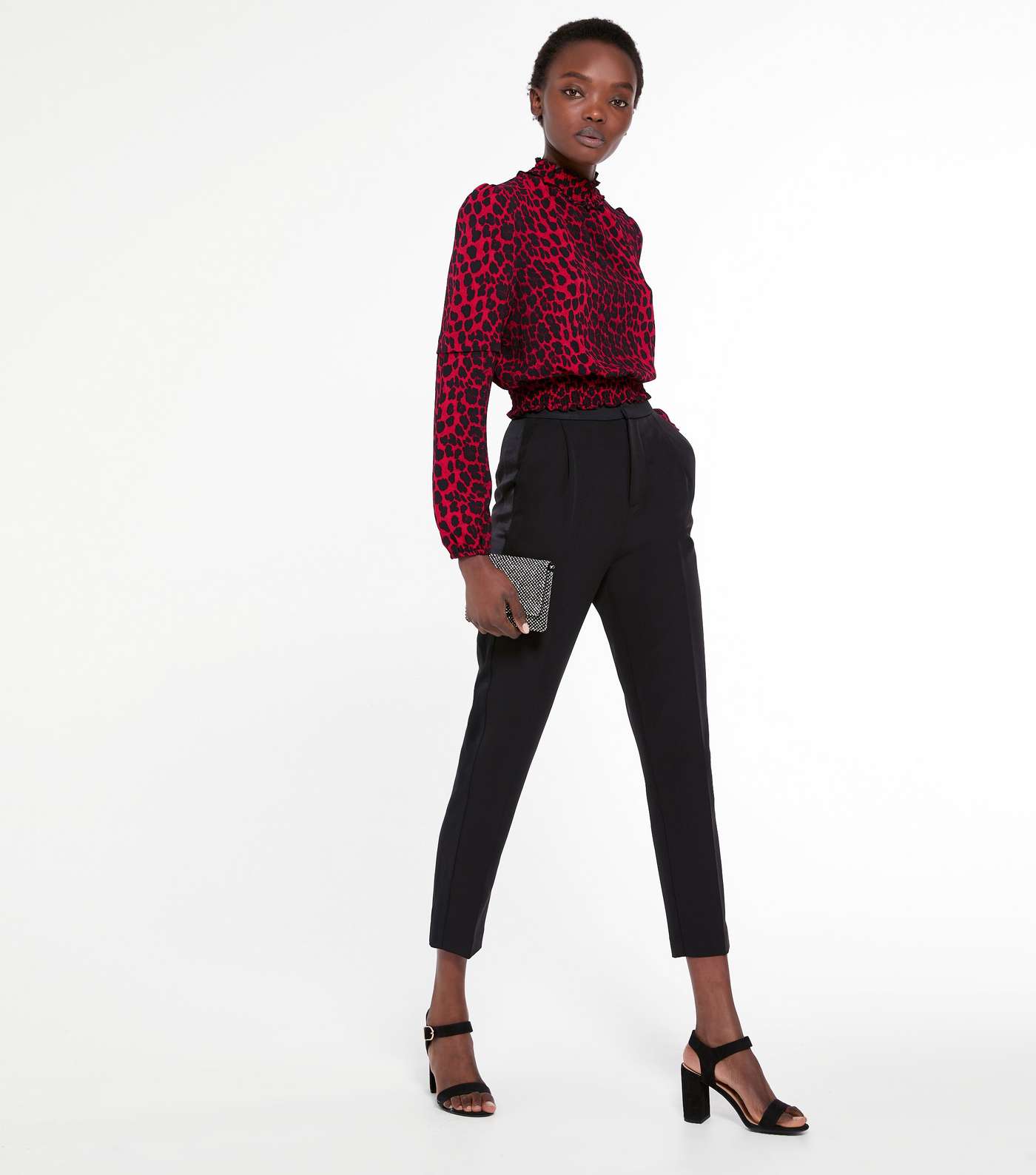Red Leopard Print Shirred High Neck Blouse  Image 2