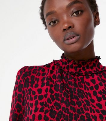 Red Leopard Print Shirred High Neck 