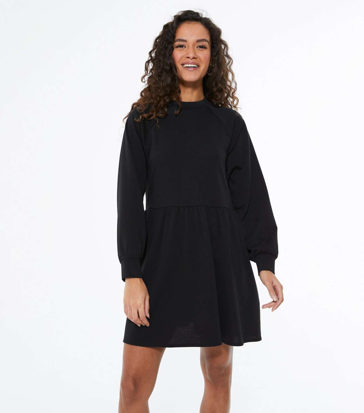 Petite Black Puff Sleeve Sweatshirt Smock Dress