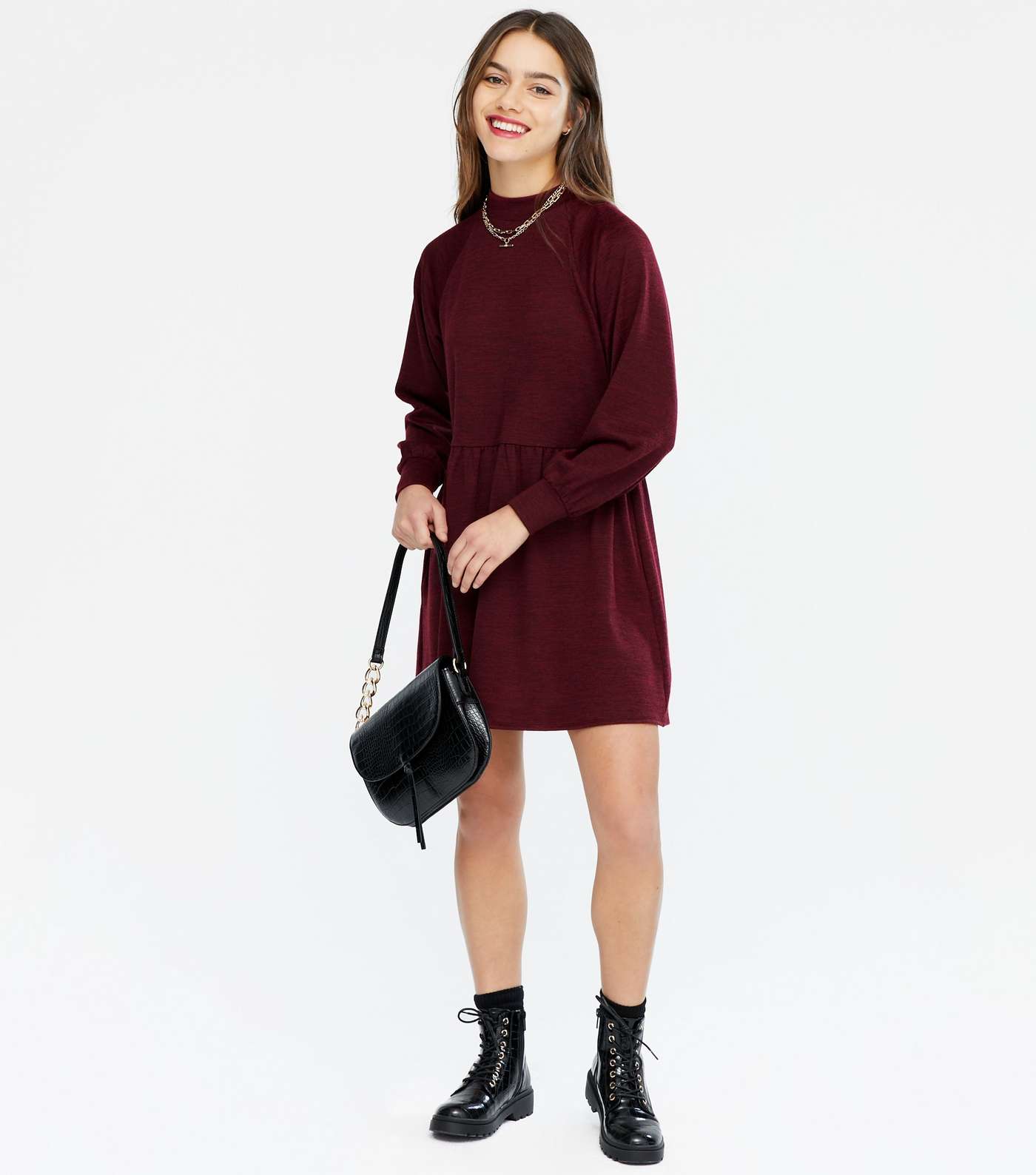 Petite Burgundy Puff Sleeve Sweatshirt Smock Dress Image 2