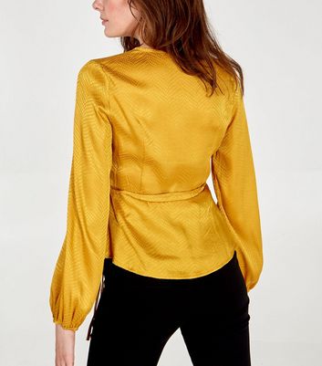 Image of Blue Vanilla Yellow Jacquard Satin Wrap Top New Look