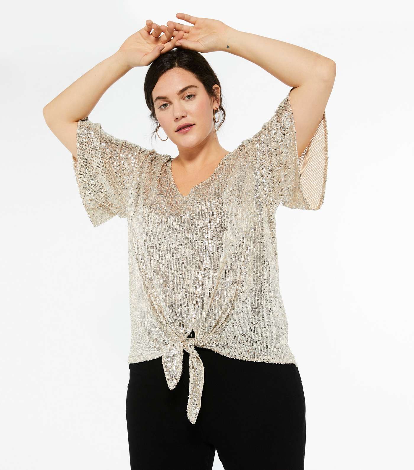 Curves Silver Sequin Tie Front Top