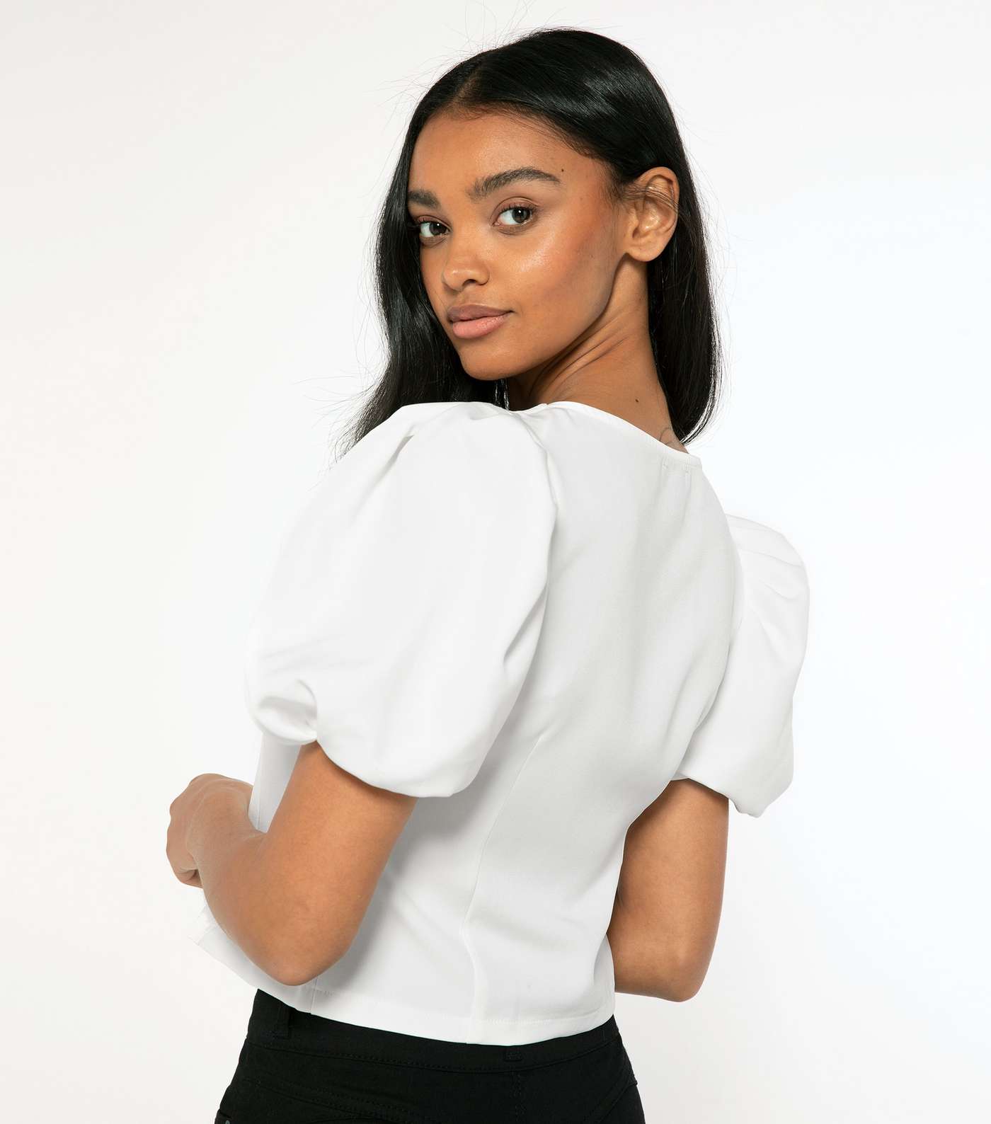 White Zip Front Puff Sleeve Top Image 4