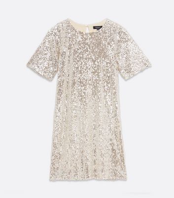 Petite Silver Sequin T Shirt Dress New Look