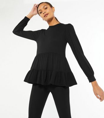 Black Long Sleeve Tiered Peplum Top 